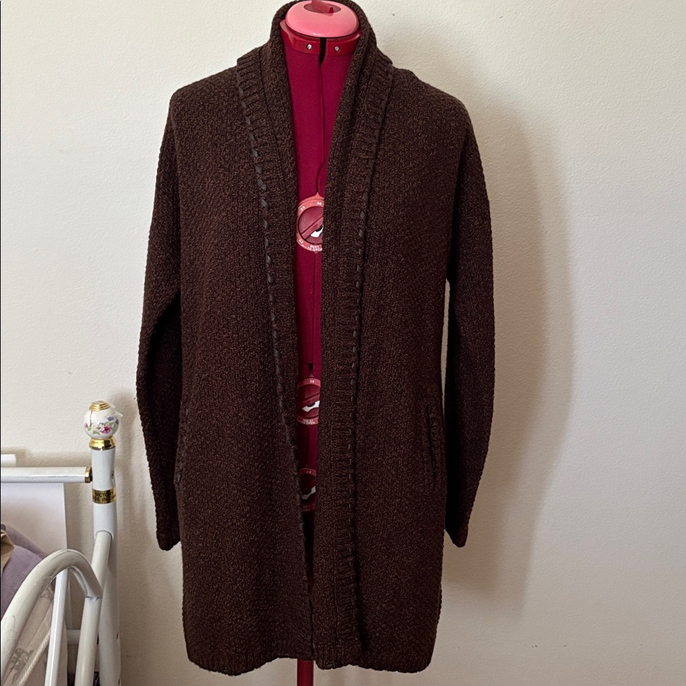 Peck & Peck size Large Brown Open Front Cardigan 58%cotton 43%acrylic 2 pockets